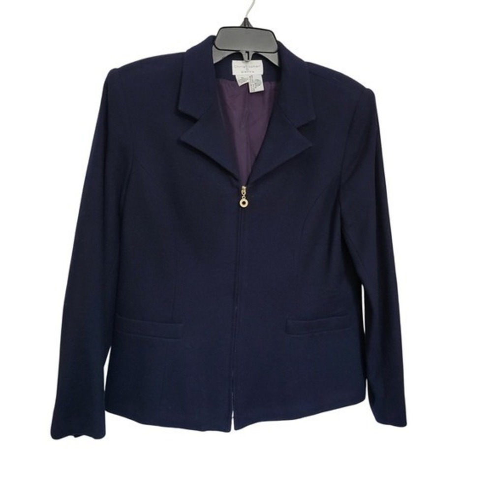 Christopher & Banks Womens Navy Front Zip Academia Wool Career Blazer 10 Vintage